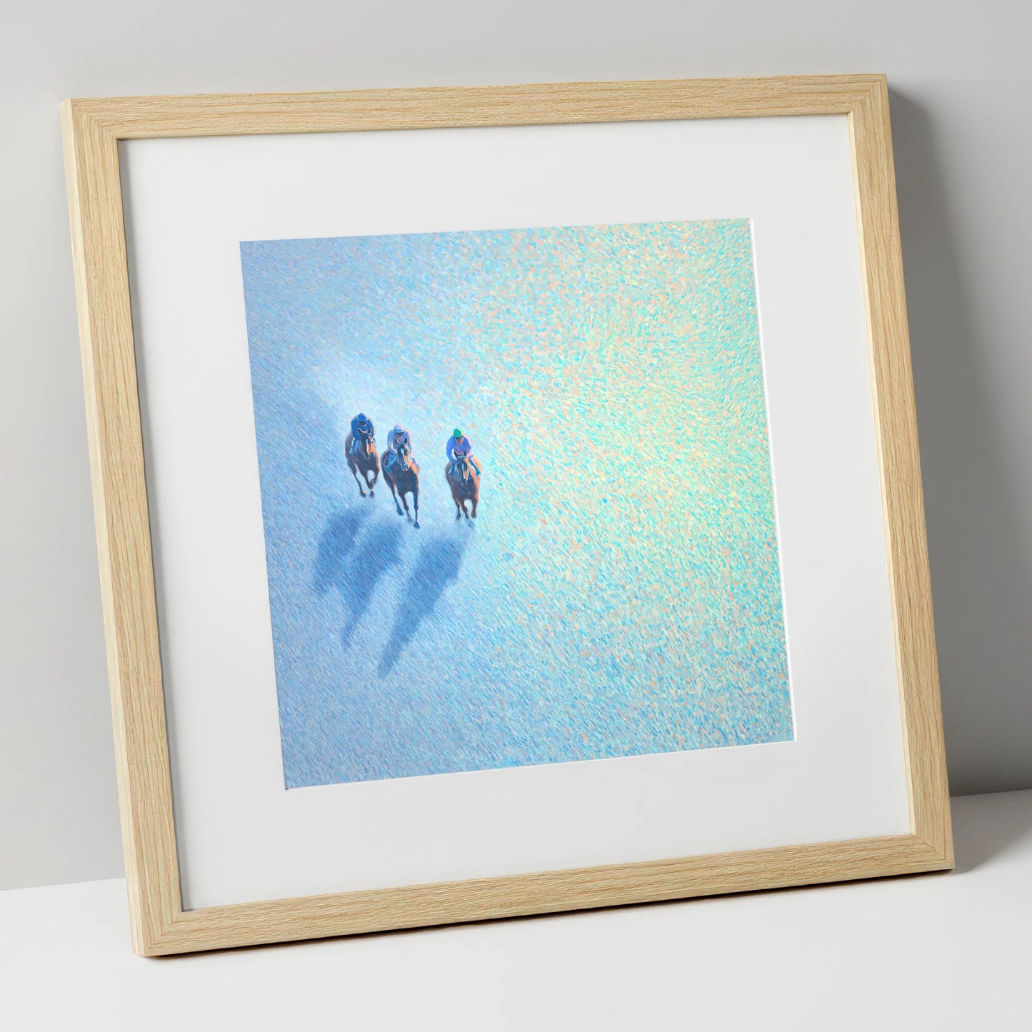 Luminous Morning Gallop racing horse art print in natural frame