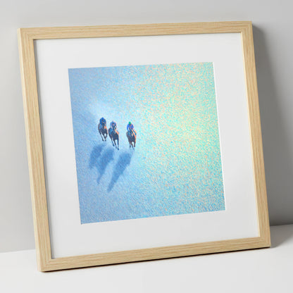 Luminous Morning Gallop racing horse art print in natural frame