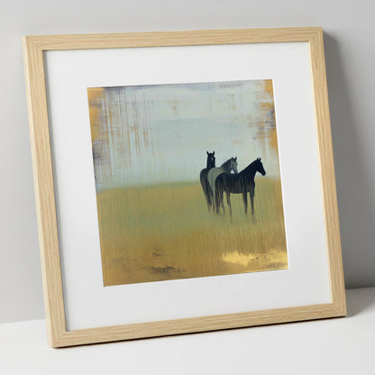 Gilded Meadow Watchers wild horses art print in natural frame