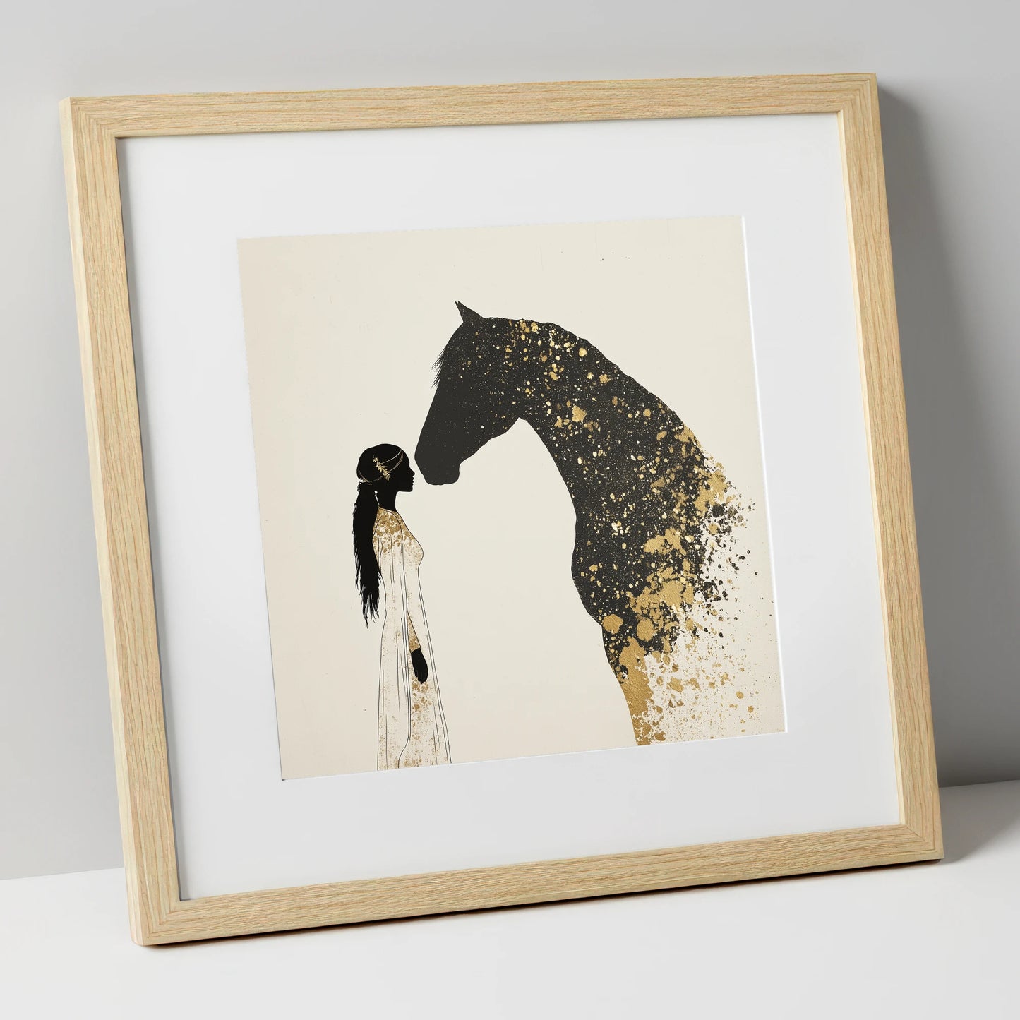 Gilded Bond horse & rider art print in natural frame