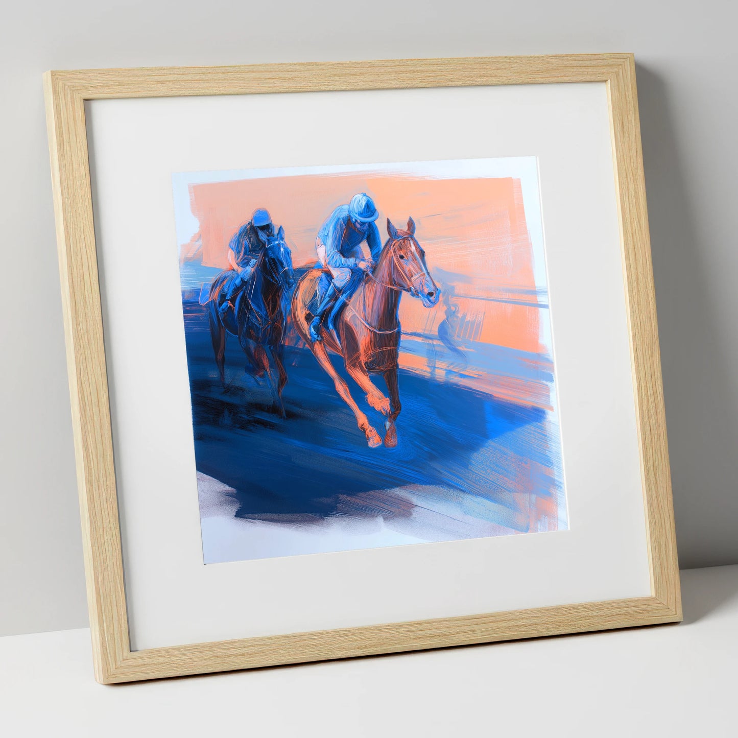 The Blue Furlong racing horse art print in natural frame