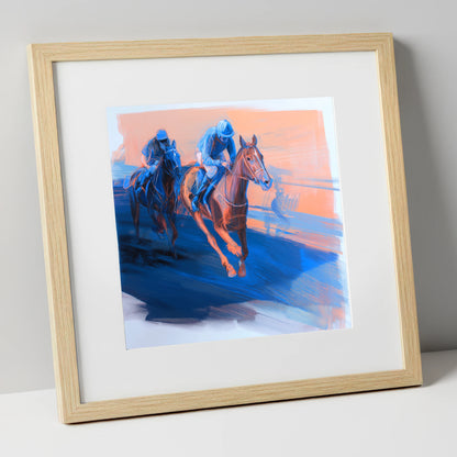 The Blue Furlong racing horse art print in natural frame