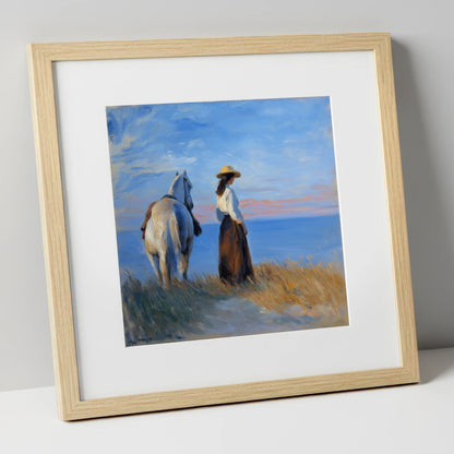 Contemplating the Horizon horse & rider art print in natural frame