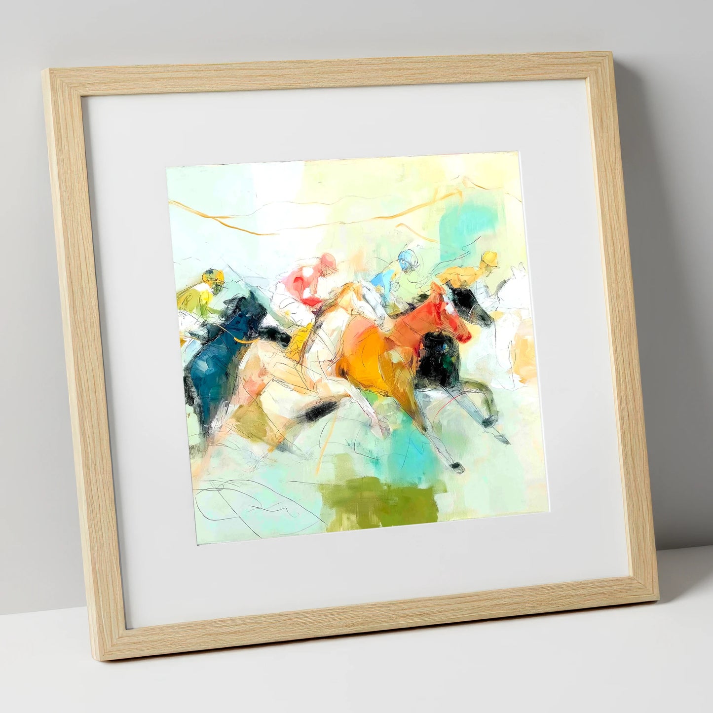 Rush to the Line racing horse art print in natural frame