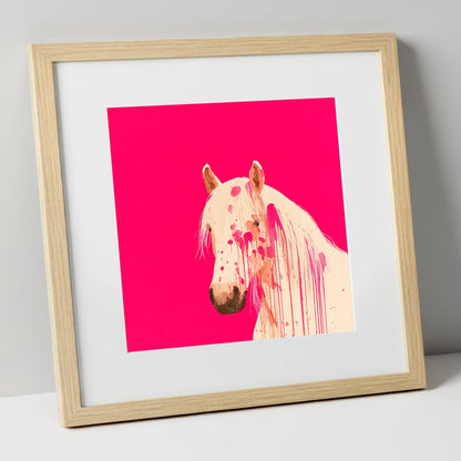 Modern Magenta Equine horse portrait art print in natural frame