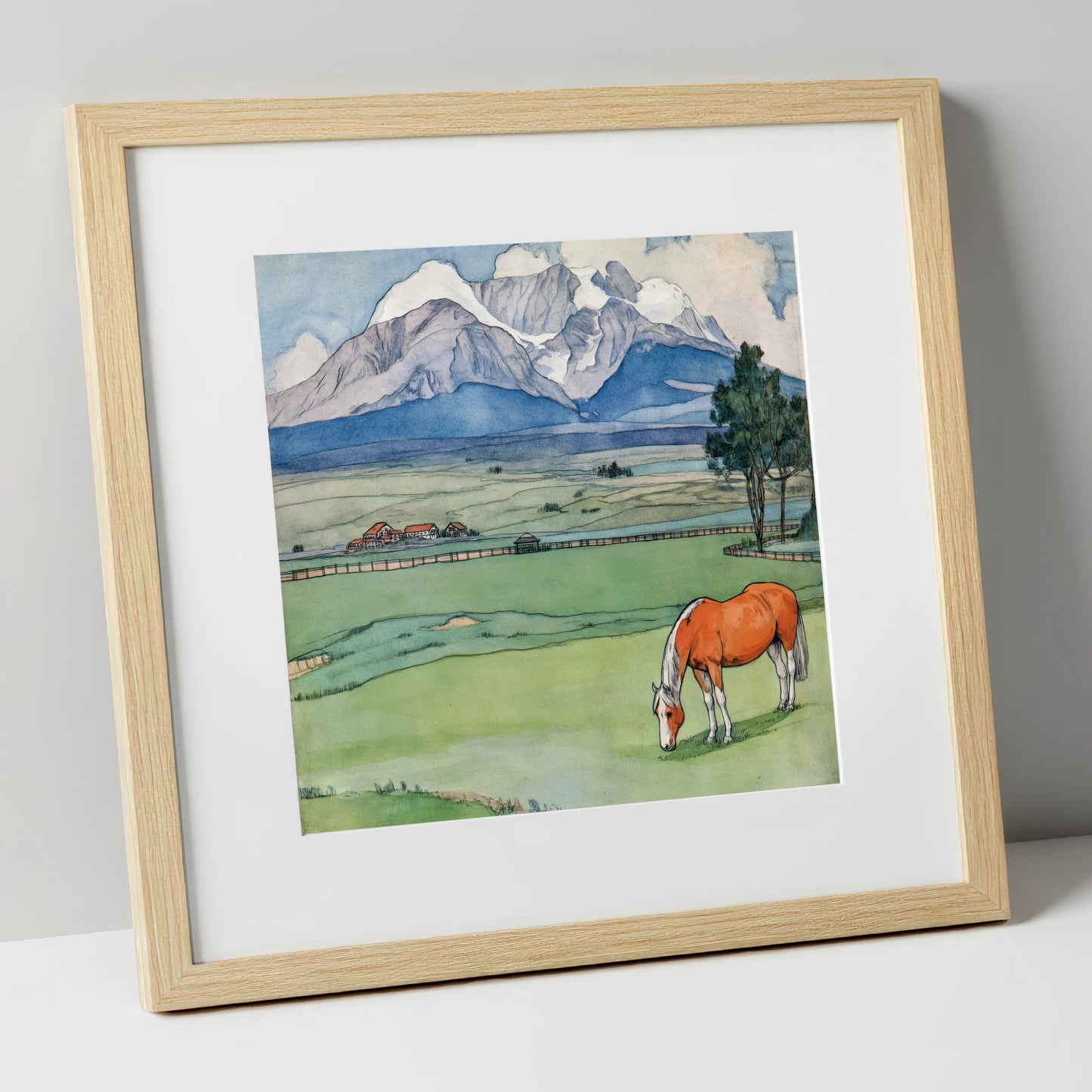 Alpine Pastures horse landscape art print in natural frame