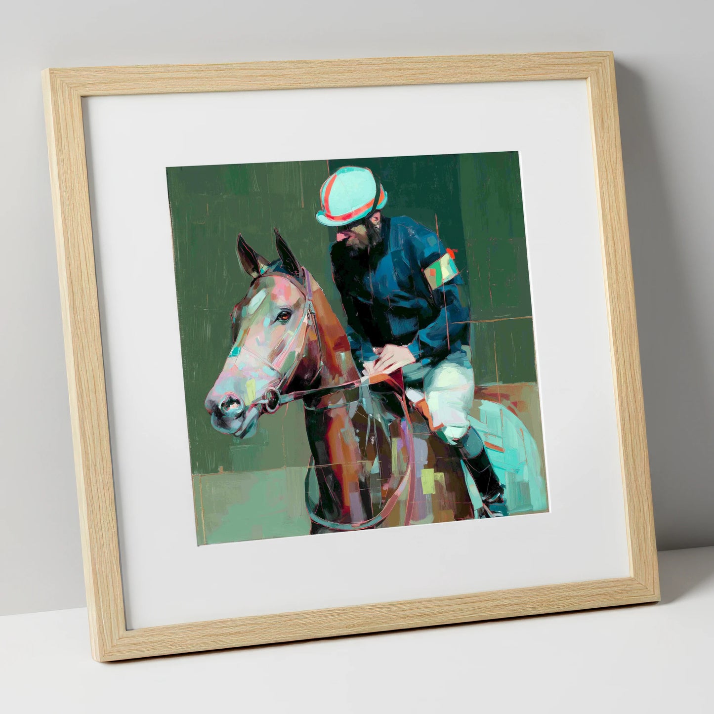 Quiet Intensity racing horse art print in natural frame