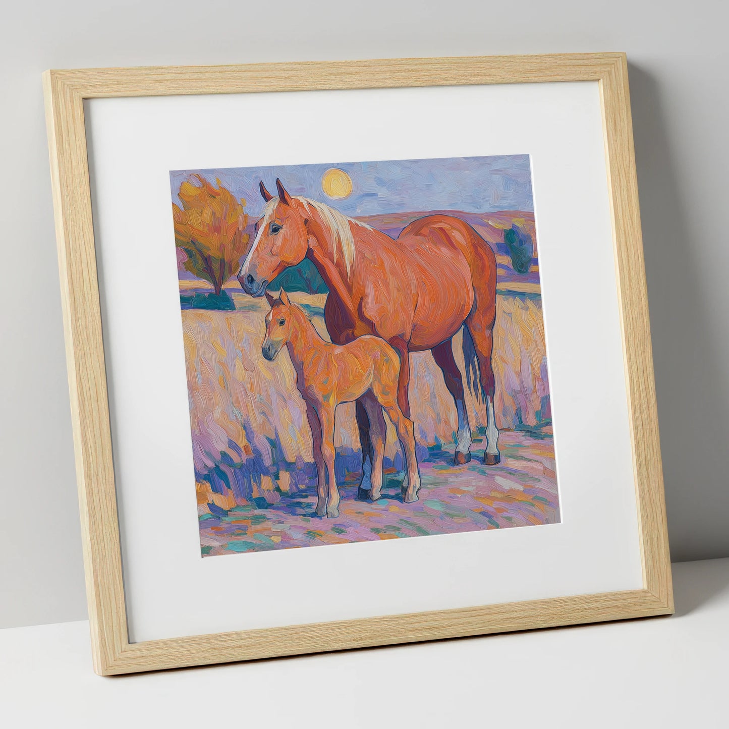 Radiant Chestnut Bond mare & foal art print in natural frame