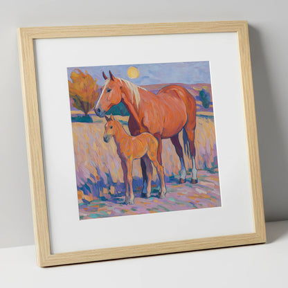 Radiant Chestnut Bond mare & foal art print in natural frame