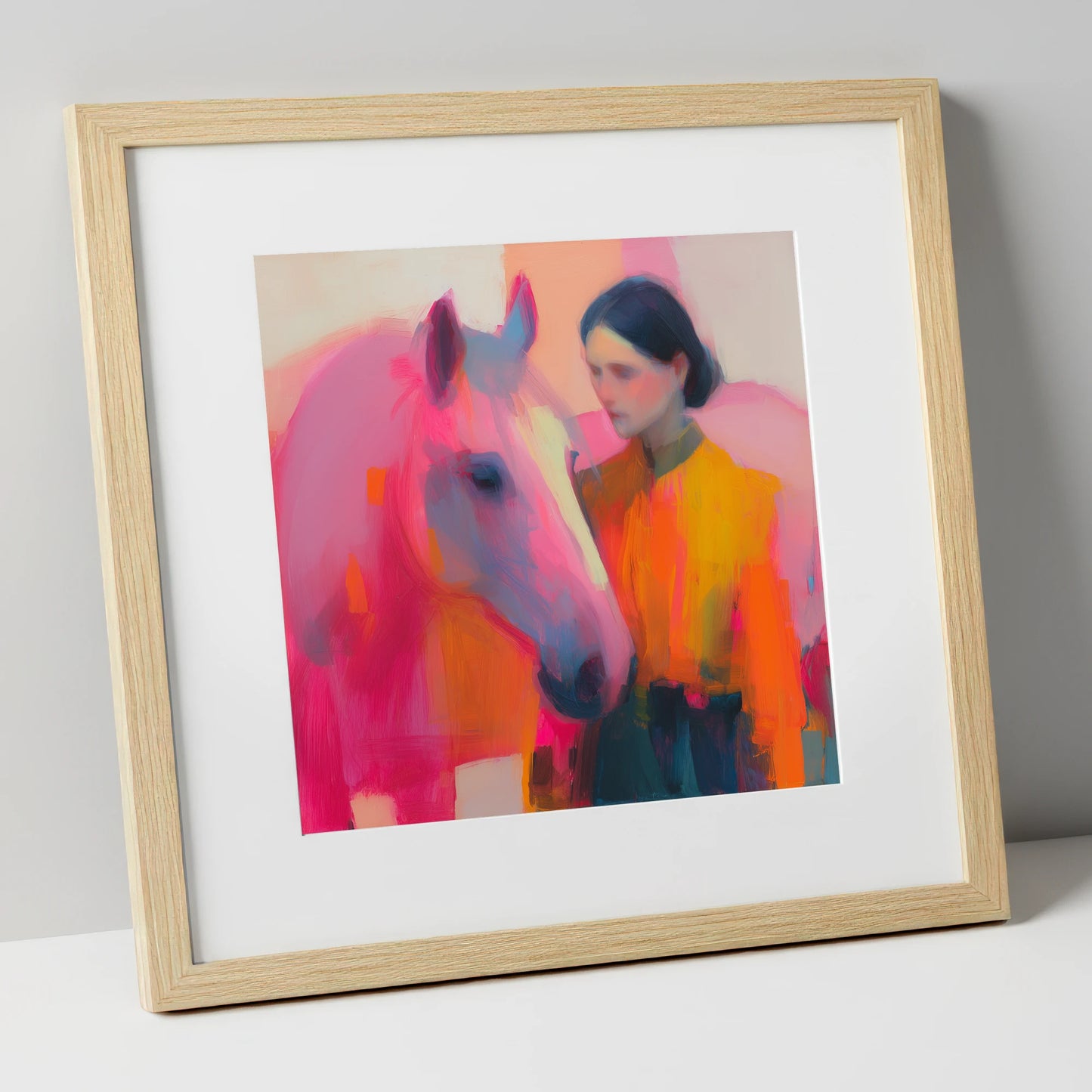 A Vivid Bond horse & rider art print in natural frame