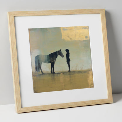 Silent Communion horse & rider art print in natural frame