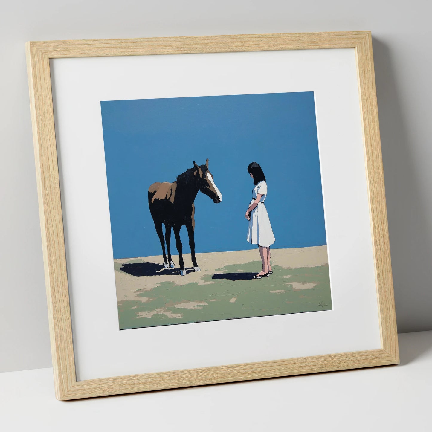 The Stillness Between Us horse & rider art print in natural frame