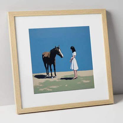 The Stillness Between Us horse & rider art print in natural frame