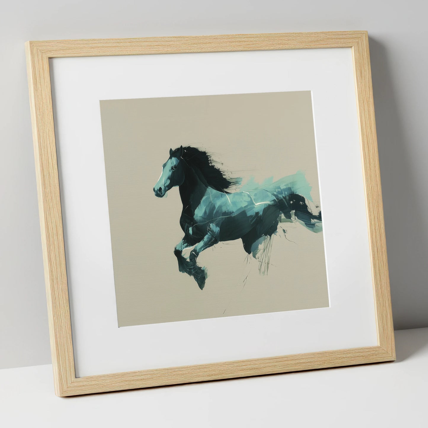 Dynamic Teal Bound horse breed art print in natural frame