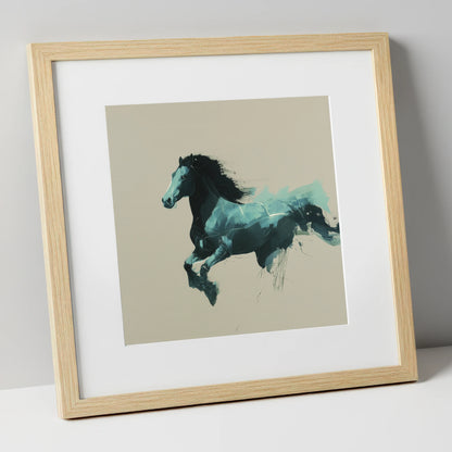 Dynamic Teal Bound horse breed art print in natural frame