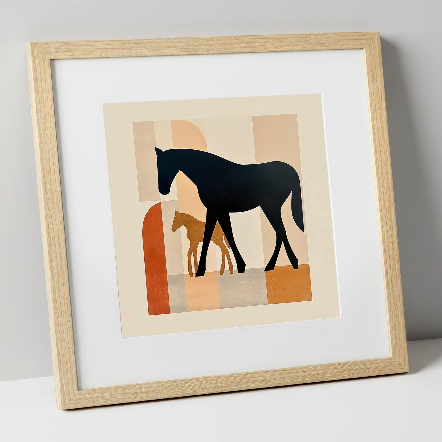 Mid-Century Maternal Bond mare & foal art print in natural frame