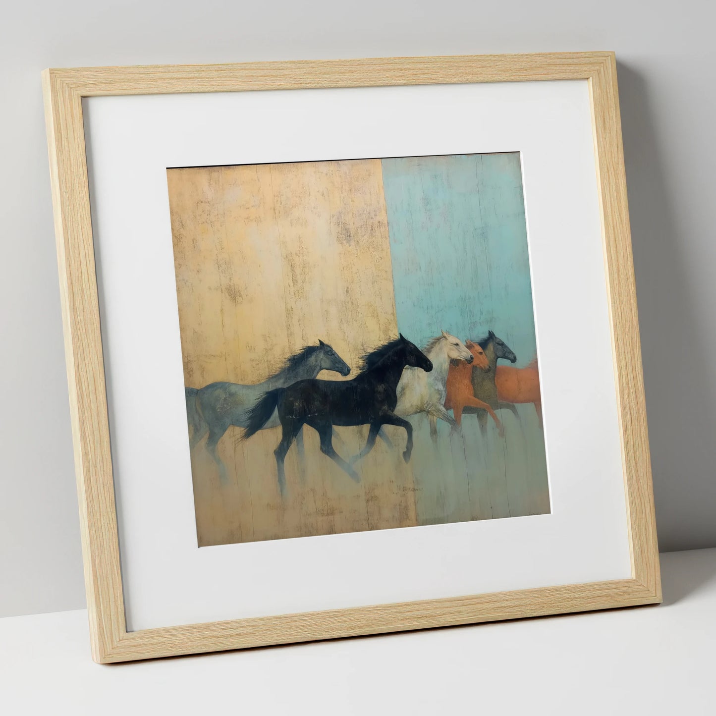Ethereal Ochre Herd wild horses art print in natural frame