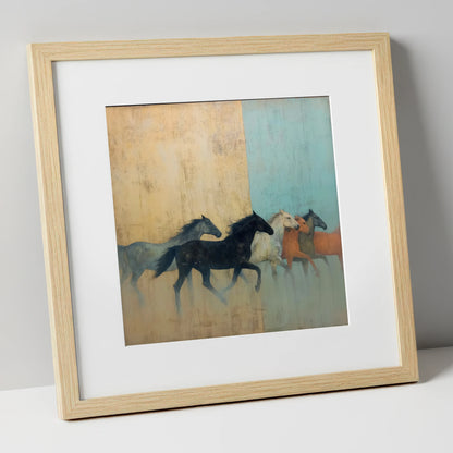 Ethereal Ochre Herd wild horses art print in natural frame