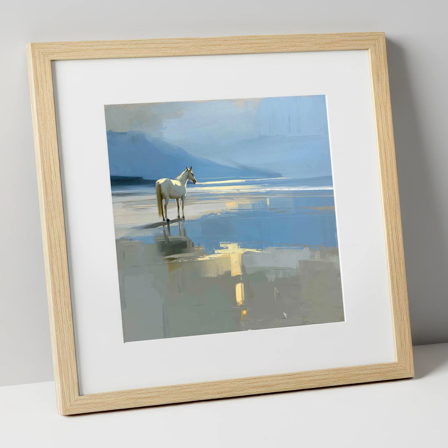 Solitary Coastal Gleam horse landscape art print in natural frame