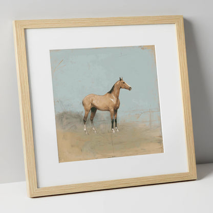 The Paddock Study racing horse art print in natural frame