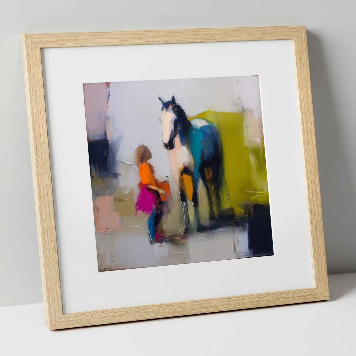 A Bold Understanding horse & rider art print in natural frame