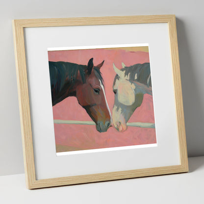 Quiet Companions horse portrait art print in natural frame