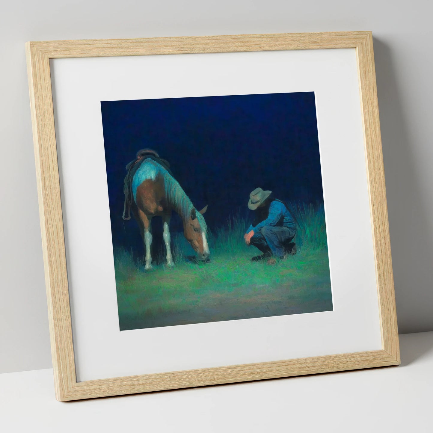 Under An Indigo Sky horse & rider art print in natural frame