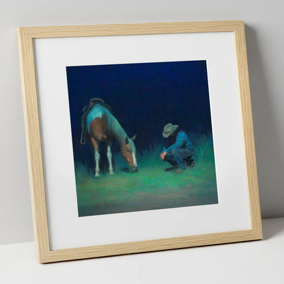 Under An Indigo Sky horse & rider art print in natural frame