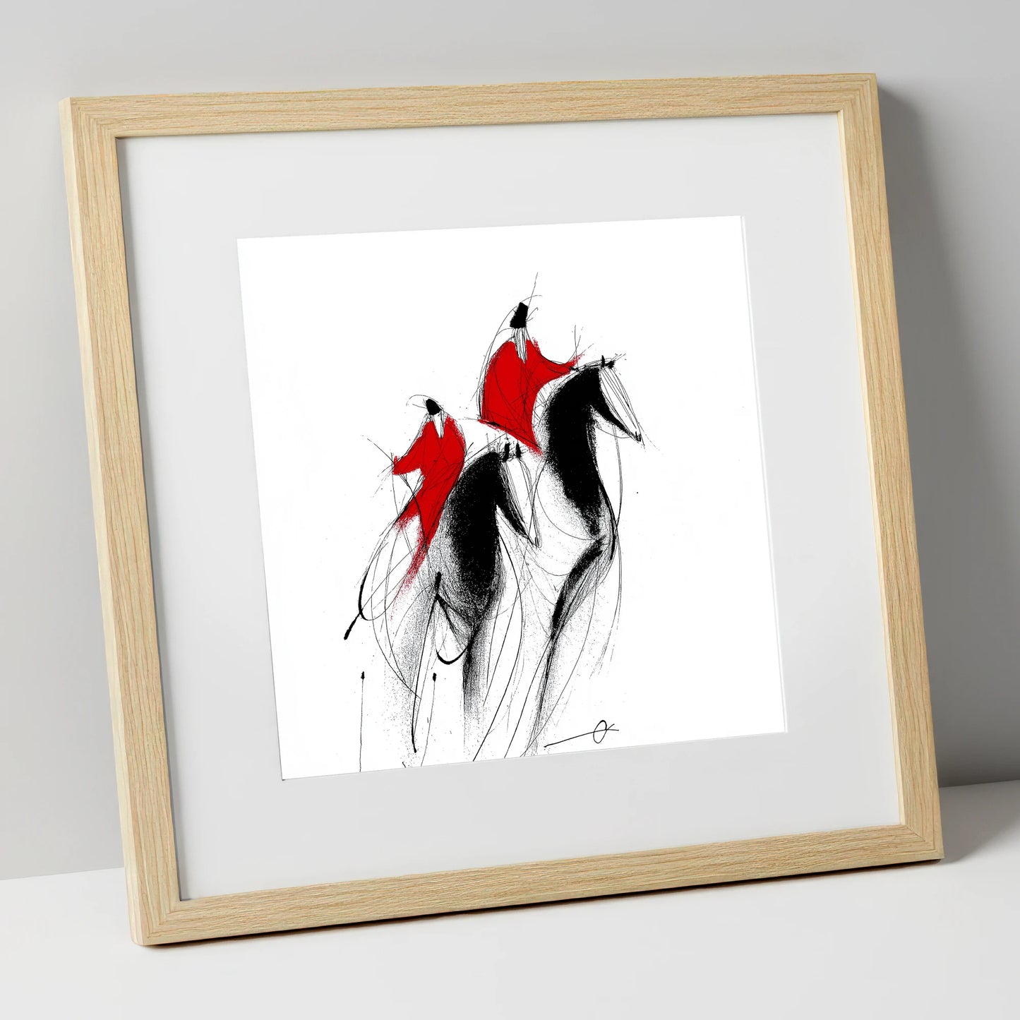 Scarlet Pursuit show jumping horse art print in natural frame