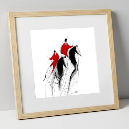 Scarlet Pursuit show jumping horse art print in natural frame