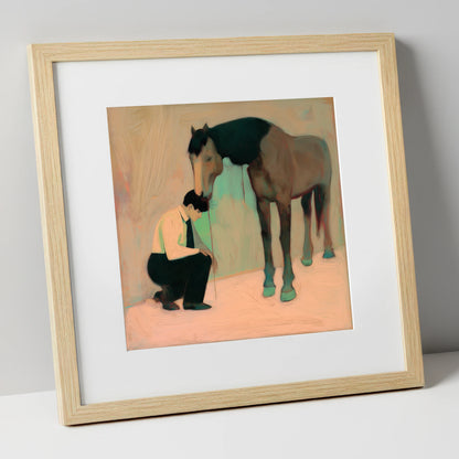 A Silent Understanding horse & rider art print in natural frame