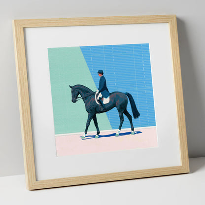 Rhythmic Precision dressage horse art print in natural frame