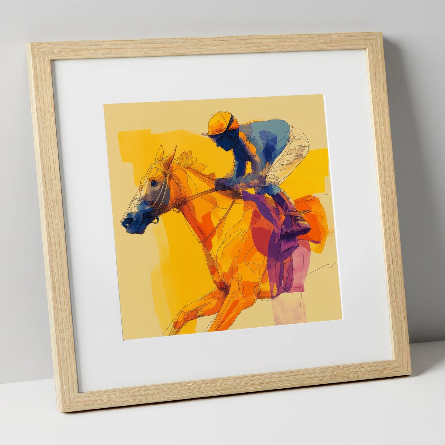 Golden Stride racing horse art print in natural frame