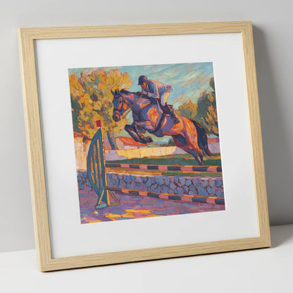 Sunset Flight show jumping horse art print in natural frame