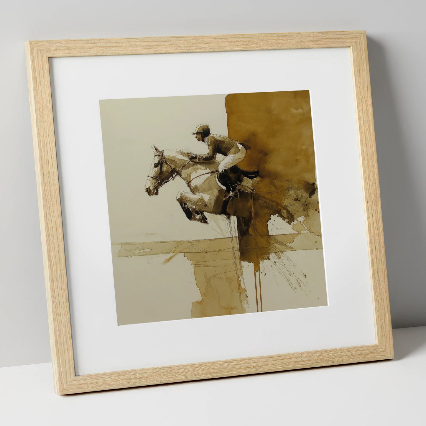 Airborne in Sepia show jumping horse art print in natural frame