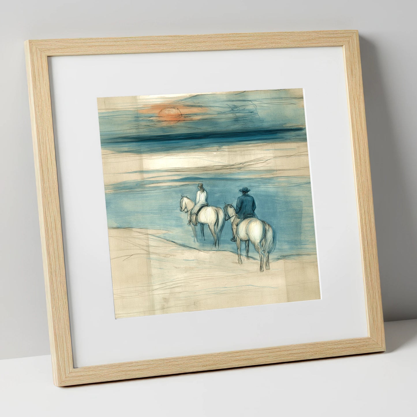 Twilight Shoreline Ride horse landscape art print in natural frame
