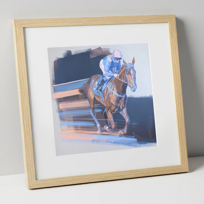 Velocity in Blue racing horse art print in natural frame