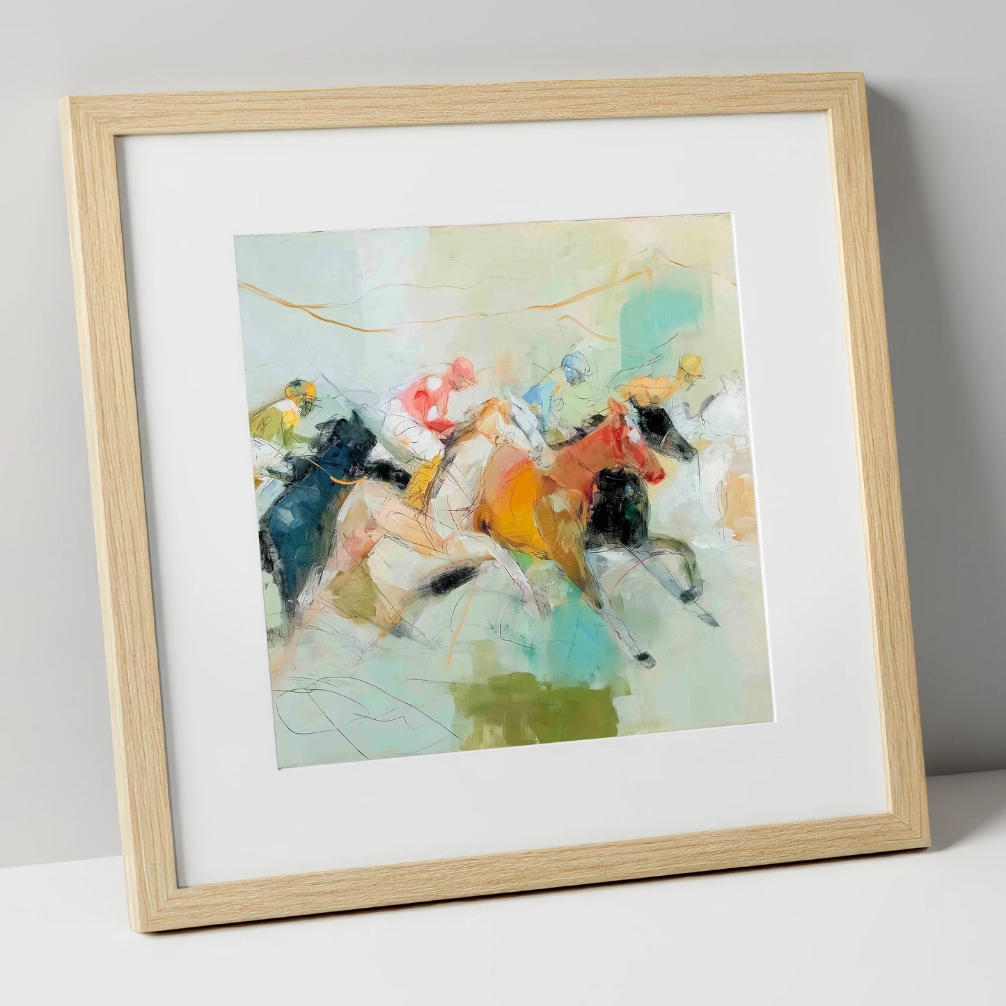 Rush to the Line racing horse art print in natural frame