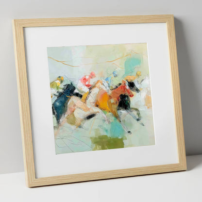 Rush to the Line racing horse art print in natural frame