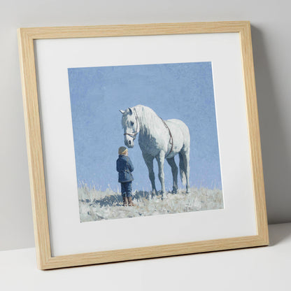 A Quiet Trust horse & rider art print in natural frame