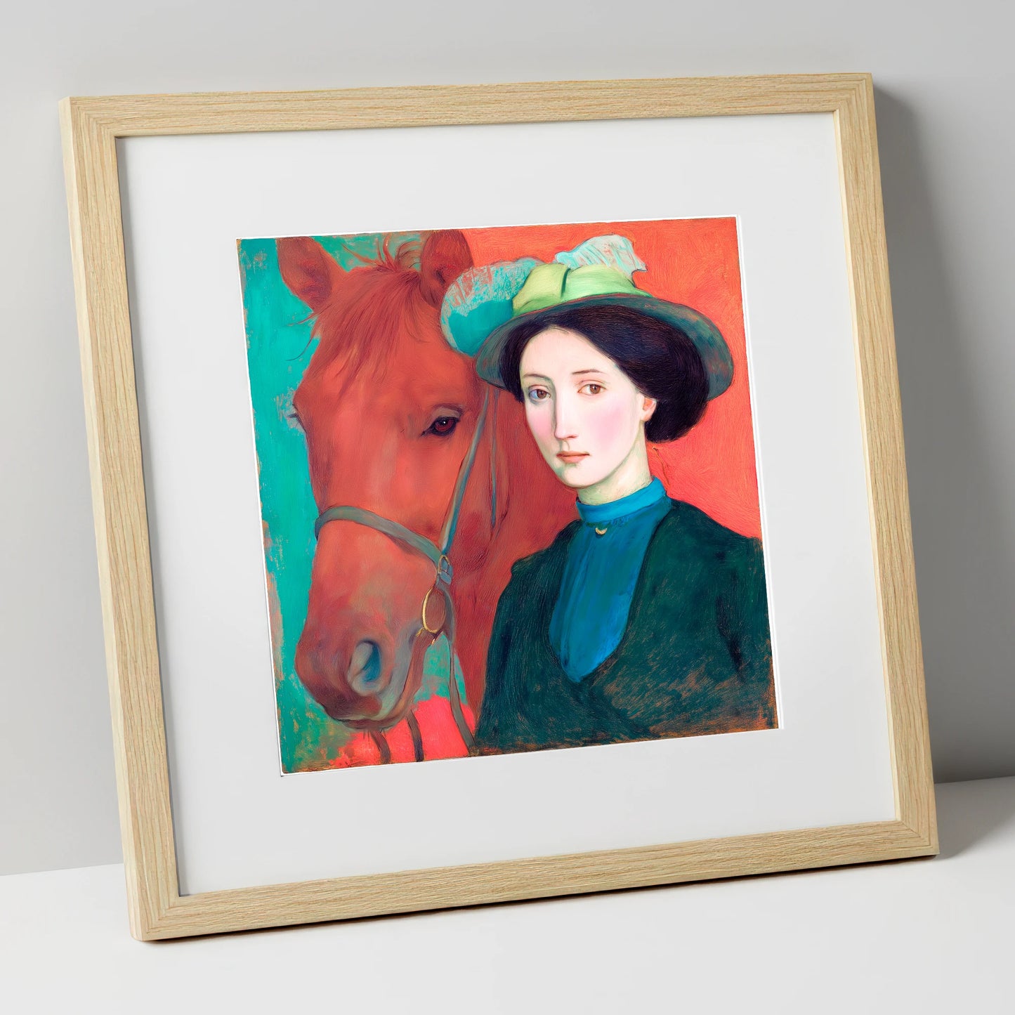 Crimson and Teal Bond horse & rider art print in natural frame