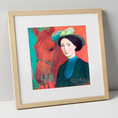 Crimson and Teal Bond horse & rider art print in natural frame
