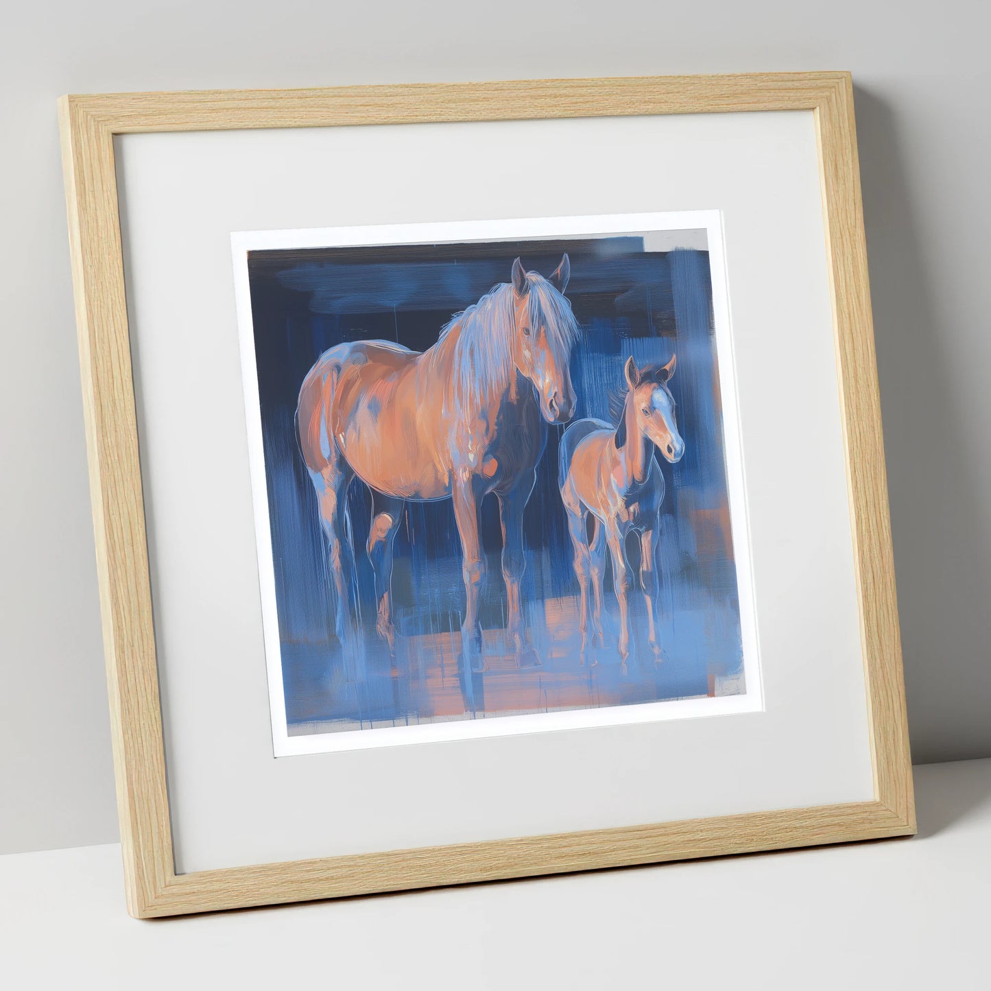 Cobalt and Apricot mare & foal art print in natural frame