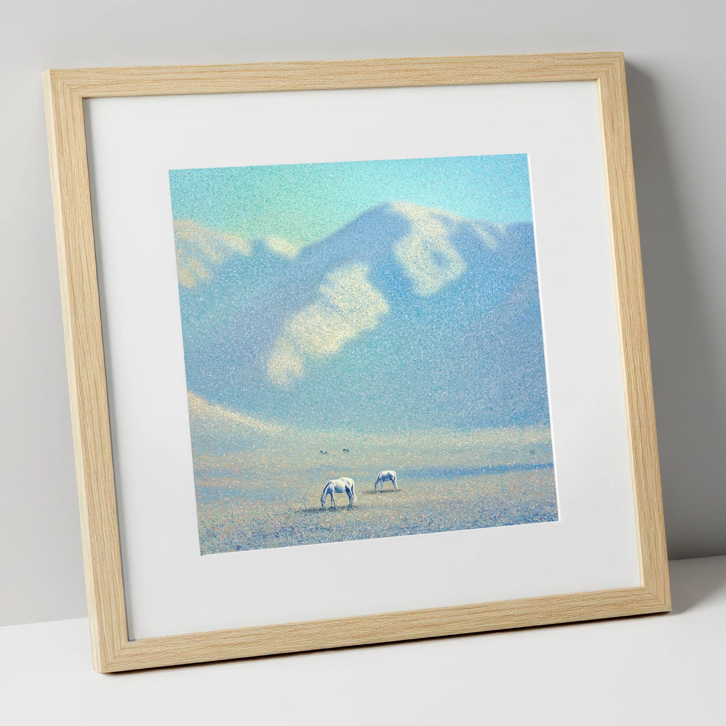 Ethereal Mountain Grazing horse landscape art print in natural frame