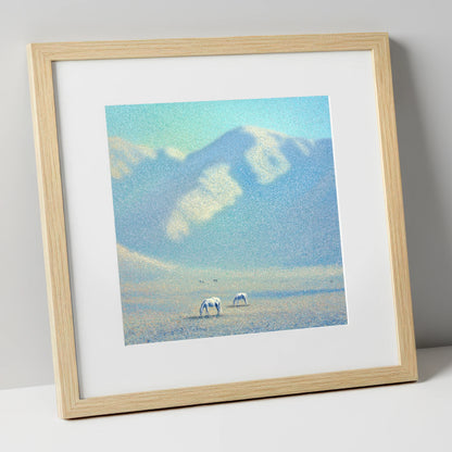 Ethereal Mountain Grazing horse landscape art print in natural frame