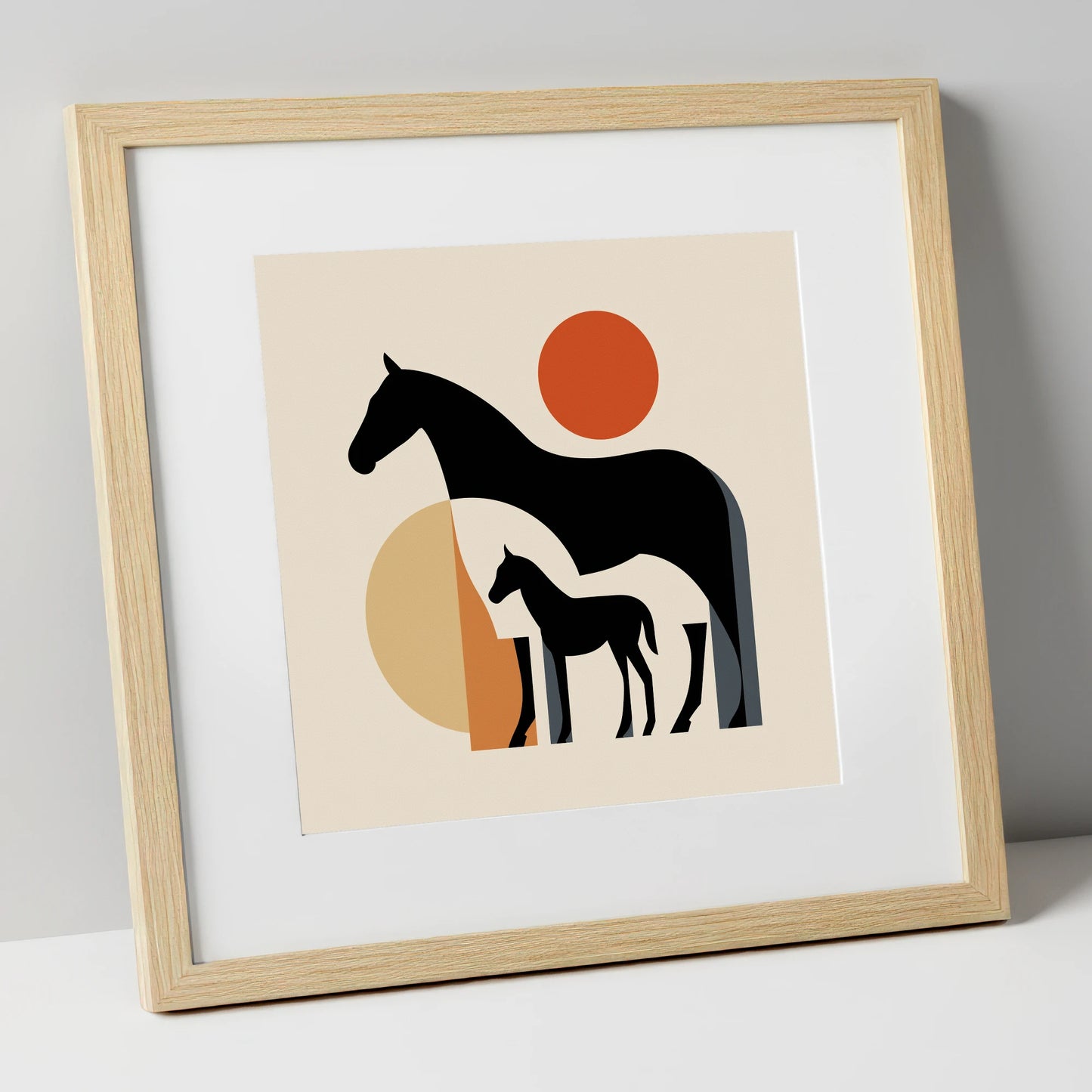 Mid-Century Mare and Foal mare & foal art print in natural frame