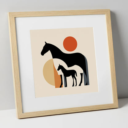 Mid-Century Mare and Foal mare & foal art print in natural frame