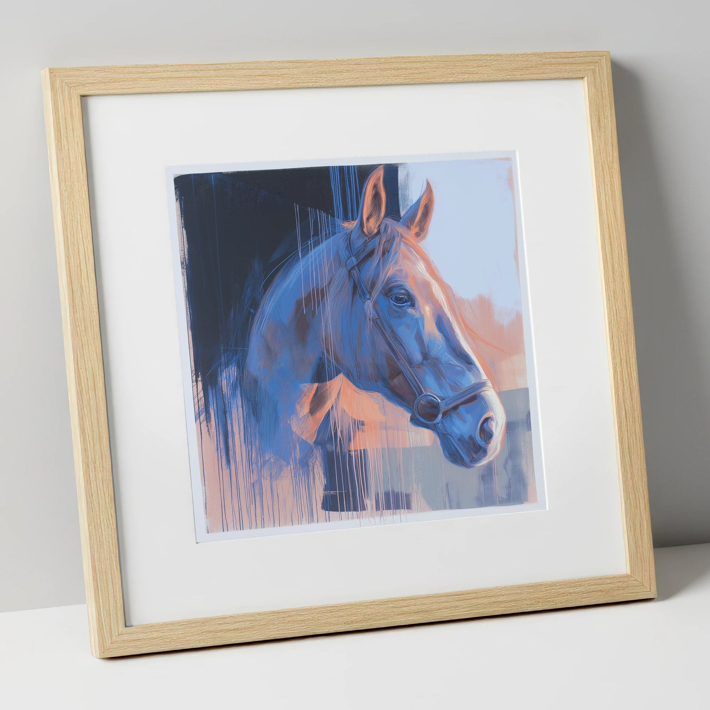 Cobalt and Apricot Light horse portrait art print in natural frame