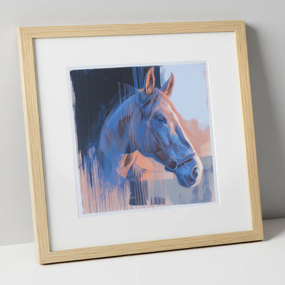 Cobalt and Apricot Light horse portrait art print in natural frame