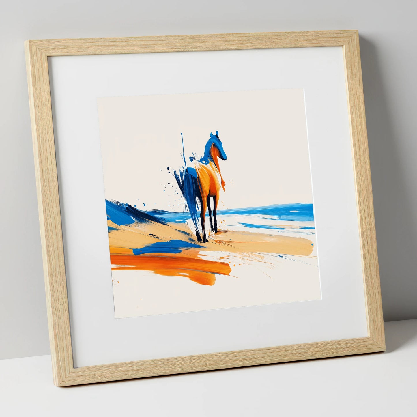 Azure Shoreline Spirit horse landscape art print in natural frame